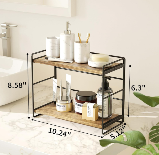Bathroom Countertop Organizer Set of 2, Kitchen Counter Shelf Spice Rack Sink Countertop Storage Desktop Large Wood Shelf - Carbonized Black
