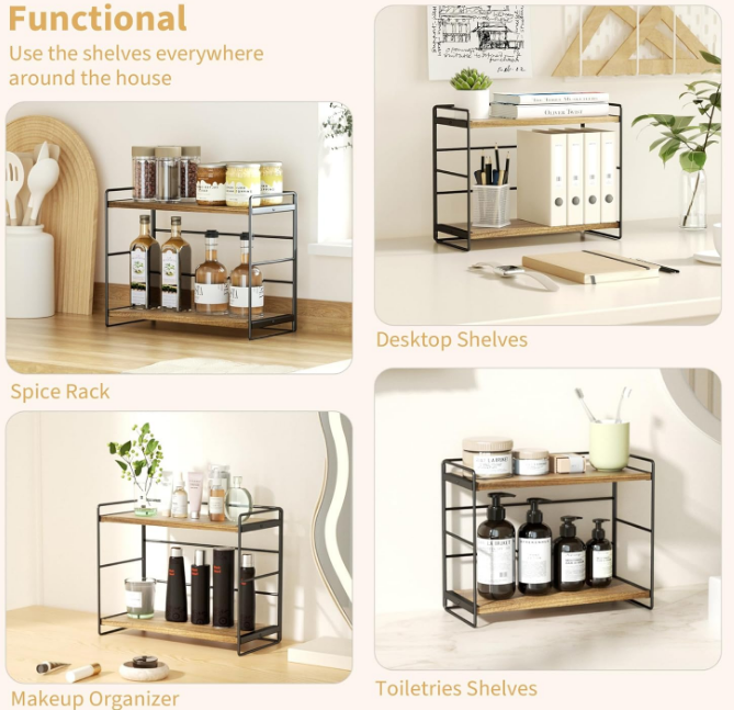 Bathroom Countertop Organizer Set of 2, Kitchen Counter Shelf Spice Rack Sink Countertop Storage Desktop Large Wood Shelf - Carbonized Black