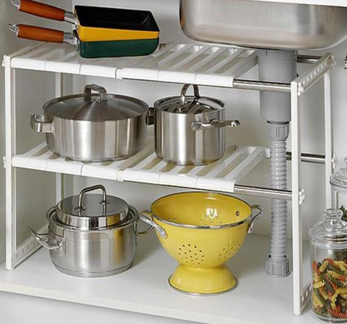 2 Tier Under Sink Organizer,Expandable Cabinet Shelf Organizer 2 Tier Under Storage Rack with Removable Panels,Multi-Use for Under Kitchen Bathroom Sink Organizers and Storage