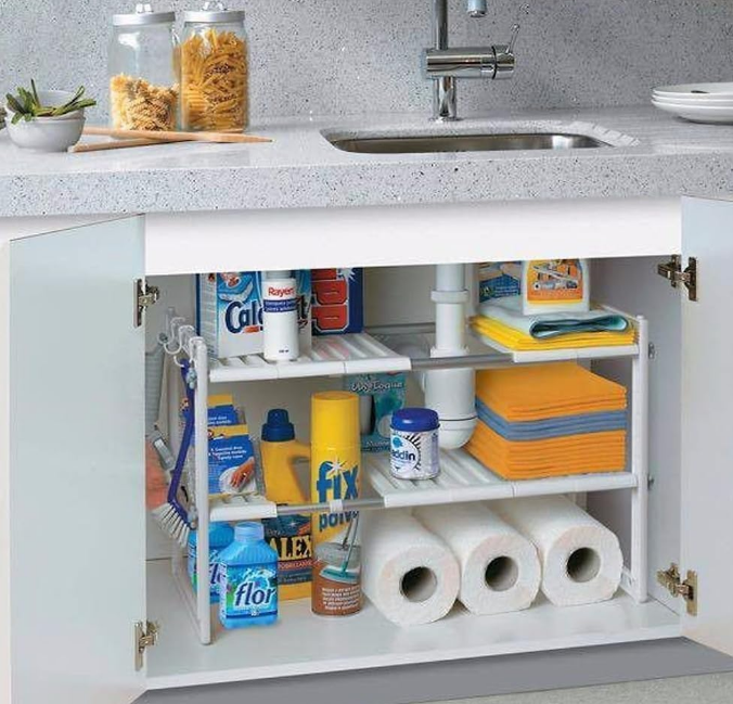 2 Tier Under Sink Organizer,Expandable Cabinet Shelf Organizer 2 Tier Under Storage Rack with Removable Panels,Multi-Use for Under Kitchen Bathroom Sink Organizers and Storage