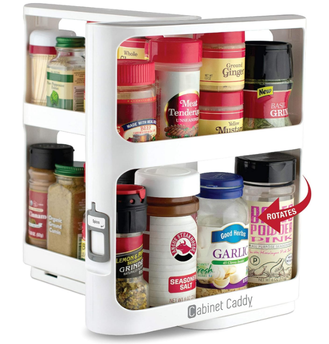 Cabinet Caddy Spice Rack Organizer for Cabinet - Slide & Rotate Kitchen Organizers and Storage - 2 Double-Decker Shelves - Non-Skid Base - Magnetic Modular Design - 10.8" H x 5.25" W x 10.8" D