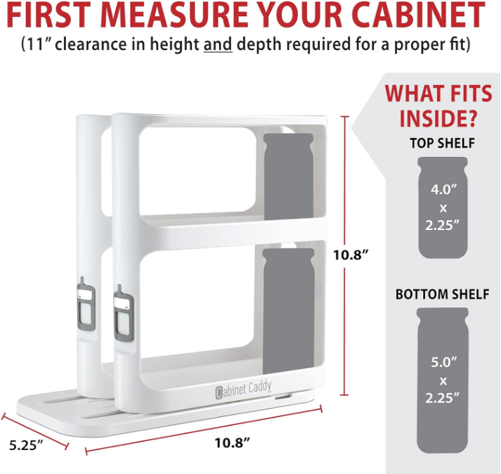 Cabinet Caddy Spice Rack Organizer for Cabinet - Slide & Rotate Kitchen Organizers and Storage - 2 Double-Decker Shelves - Non-Skid Base - Magnetic Modular Design - 10.8" H x 5.25" W x 10.8" D