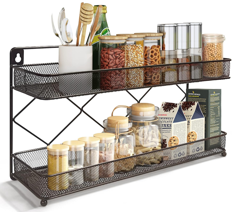 2 Tier Metal Kitchen Counter-top or Wall Mount Spice Rack, Jars Storage Organizer, Cabinet Holder, spice seasoning organizer for Partry (Bronze)
