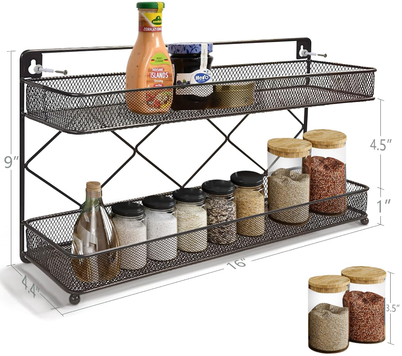2 Tier Metal Kitchen Counter-top or Wall Mount Spice Rack, Jars Storage Organizer, Cabinet Holder, spice seasoning organizer for Partry (Bronze)