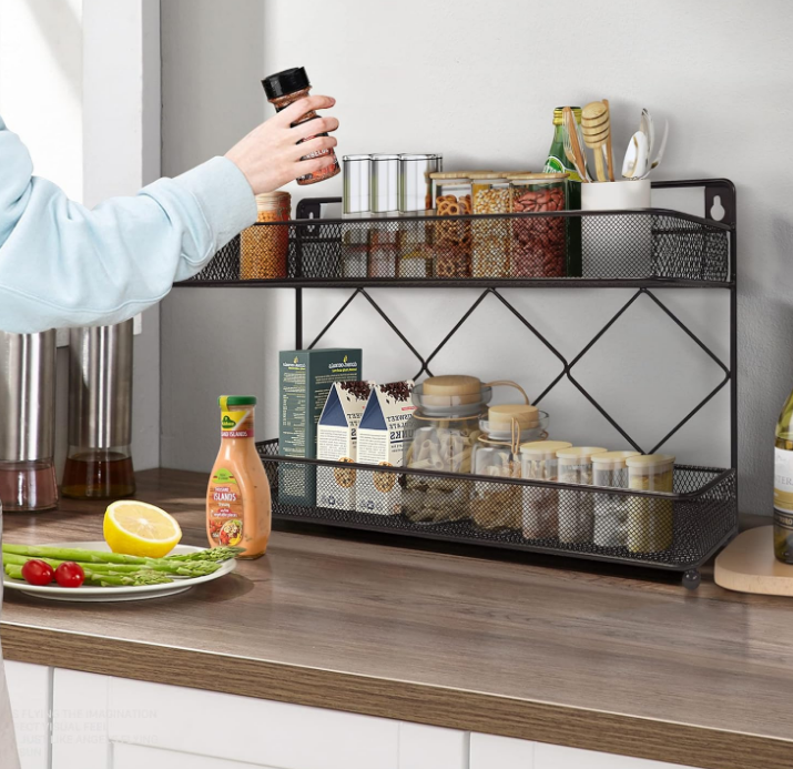 2 Tier Metal Kitchen Counter-top or Wall Mount Spice Rack, Jars Storage Organizer, Cabinet Holder, spice seasoning organizer for Partry (Bronze)