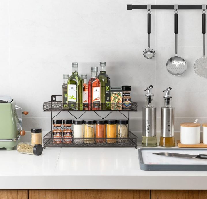 2 Tier Metal Kitchen Counter-top or Wall Mount Spice Rack, Jars Storage Organizer, Cabinet Holder, spice seasoning organizer for Partry (Bronze)