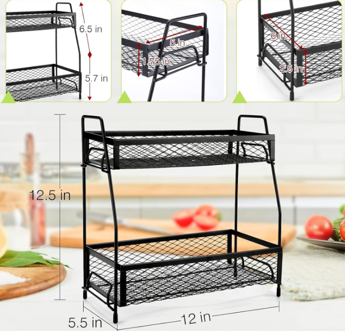 Organizer for Countertop, 2 Tier Metal Foldable Non-Slip Countertop Organizer, Countertop Spice Rack for Kitchen Bathroom Countertop(Black)