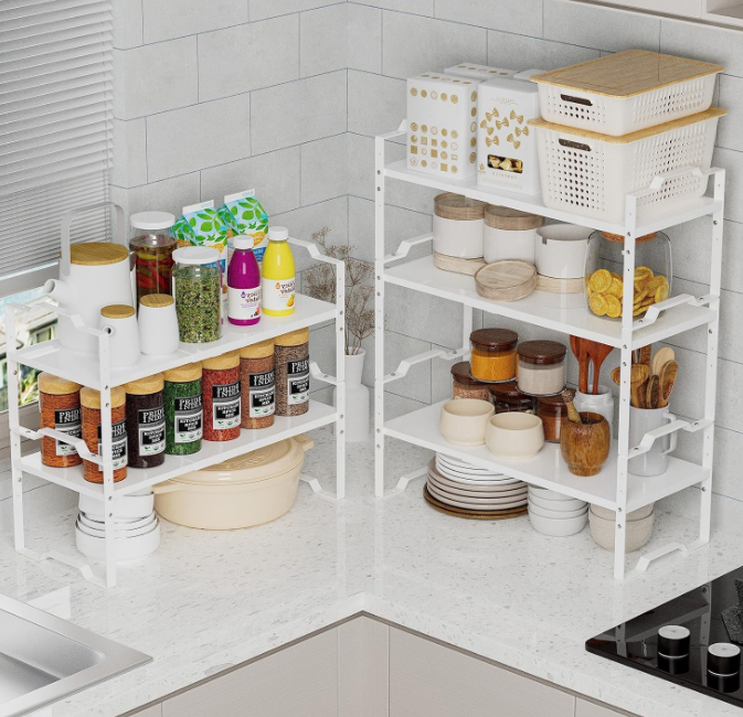 Shelf for Cabinet Organizer Adjustable Stackable Spice Rack at Kitchen and Bathroom More, Counter Countertop Cupboard Organization Pantry Storage(MEDIUM/3PACKS/WHITE)