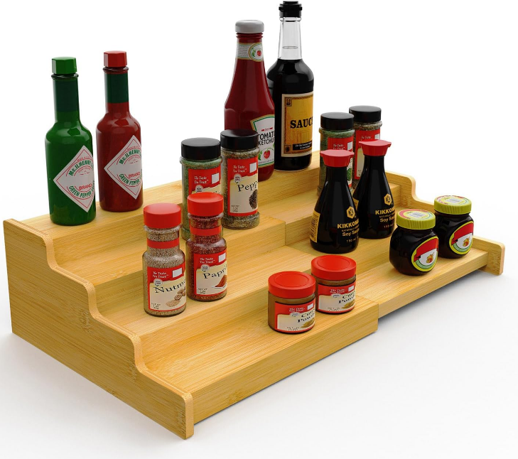 Spice Rack Organizer for Cabinet, 4 Tier Expandable Spice Rack, Bamboo Spice Organizer for Kitchen Cabinet, Pantry and Countertop Organization- Natural