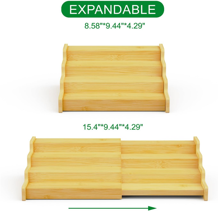 Spice Rack Organizer for Cabinet, 4 Tier Expandable Spice Rack, Bamboo Spice Organizer for Kitchen Cabinet, Pantry and Countertop Organization- Natural