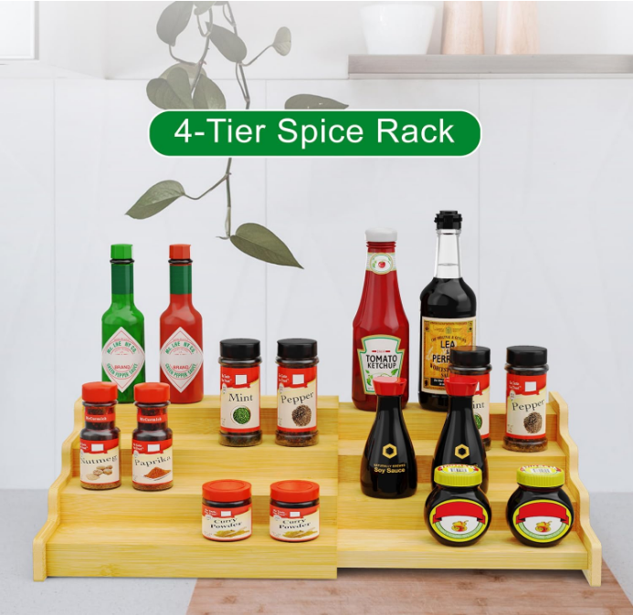 Spice Rack Organizer for Cabinet, 4 Tier Expandable Spice Rack, Bamboo Spice Organizer for Kitchen Cabinet, Pantry and Countertop Organization- Natural