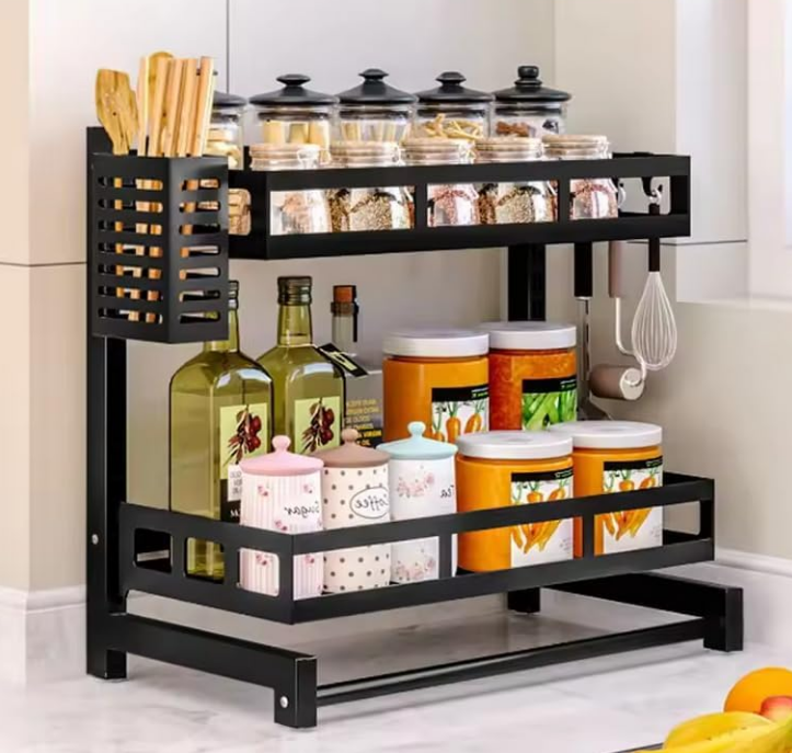 Storage Organizer 2 Tier Seasoning Black Metal Kitchen Countertop Standing Corner High Capacity and Multi-Purpose Spice Rack