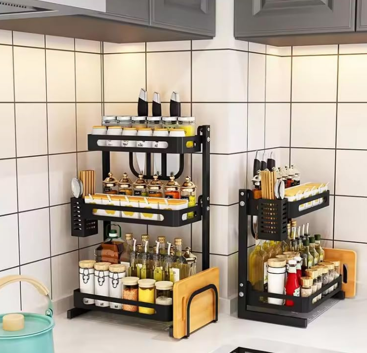 Storage Organizer 2 Tier Seasoning Black Metal Kitchen Countertop Standing Corner High Capacity and Multi-Purpose Spice Rack