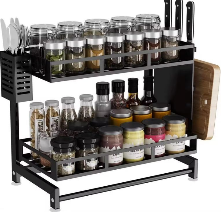 Storage Organizer 2 Tier Seasoning Black Metal Kitchen Countertop Standing Corner High Capacity and Multi-Purpose Spice Rack