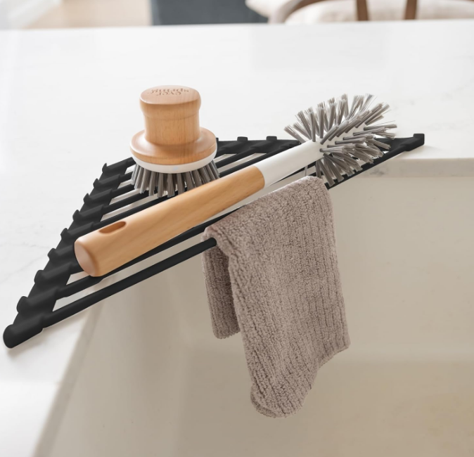 Triangle Roll Up Dish Drying Rack for Over the Sink - Sink Roll Up Drying Rack - Over Sink Organizer Rack for Kitchen Sink with Silicone Coated Stainless Steel Rods - Over Sink Caddy - Black