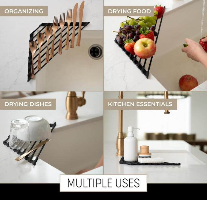 Triangle Roll Up Dish Drying Rack for Over the Sink - Sink Roll Up Drying Rack - Over Sink Organizer Rack for Kitchen Sink with Silicone Coated Stainless Steel Rods - Over Sink Caddy - Black