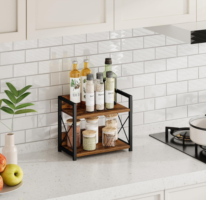 Countertop Shelf Organizer, 2 Tier Kitchen Spice Rack Organizer for Countertop, Wood Coffee Counter Shelf Organizer for Home (Brown, S)