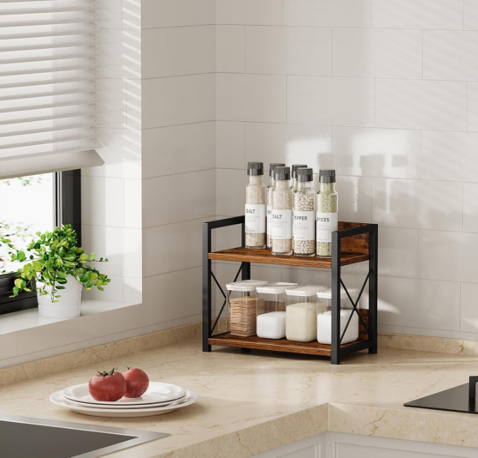 Countertop Shelf Organizer, 2 Tier Kitchen Spice Rack Organizer for Countertop, Wood Coffee Counter Shelf Organizer for Home (Brown, S)