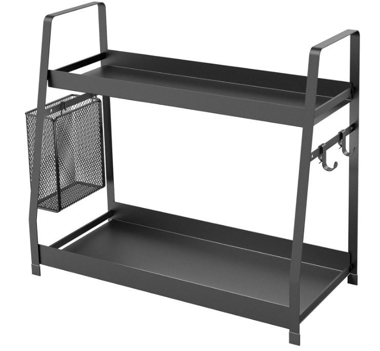 2 Tier Spice Rack for Countertop, Metal Standing Kitchen Storage Organizer Shelf, Counter Shelf for Cabinet,Pantry,Bathroom,Bedroom, with Hanging Basket