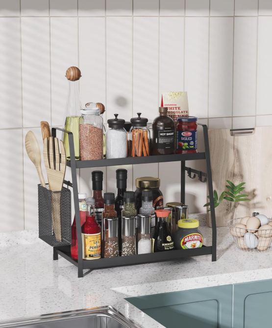 2 Tier Spice Rack for Countertop, Metal Standing Kitchen Storage Organizer Shelf, Counter Shelf for Cabinet,Pantry,Bathroom,Bedroom, with Hanging Basket