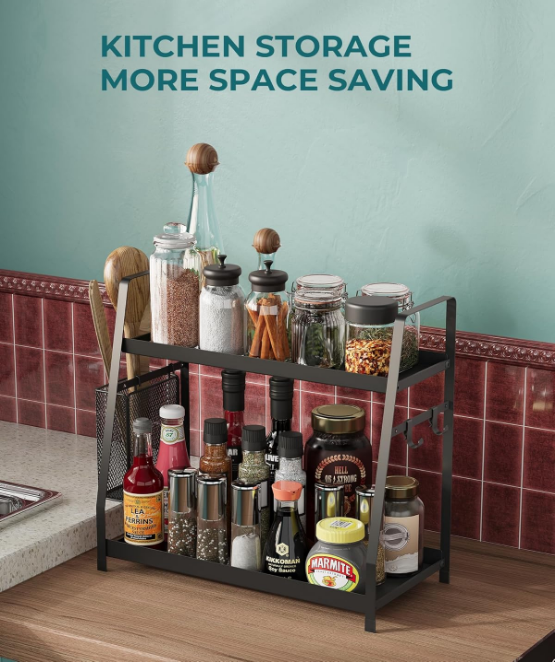 2 Tier Spice Rack for Countertop, Metal Standing Kitchen Storage Organizer Shelf, Counter Shelf for Cabinet,Pantry,Bathroom,Bedroom, with Hanging Basket