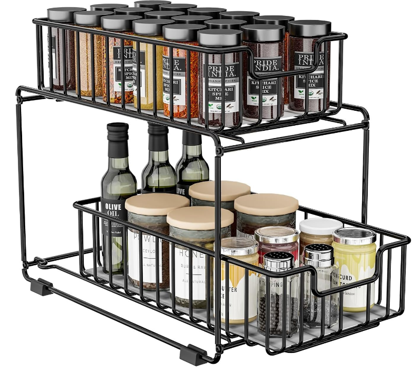 2 Tier Spice Rack and Pull-Out Basket Organizer for Under Kitchen Cabinet Sink Storage, Black