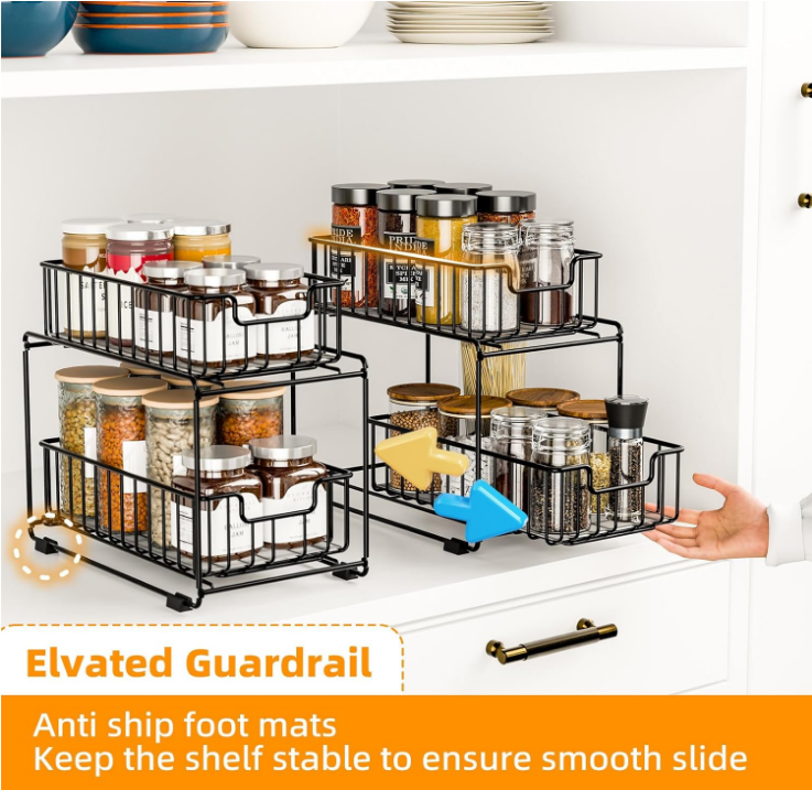 2 Tier Spice Rack and Pull-Out Basket Organizer for Under Kitchen Cabinet Sink Storage, Black