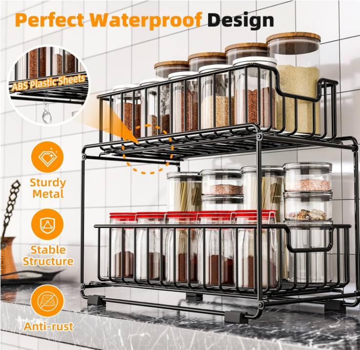 2 Tier Spice Rack and Pull-Out Basket Organizer for Under Kitchen Cabinet Sink Storage, Black