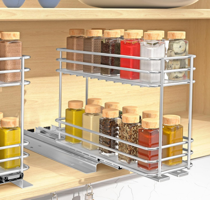 Pull Out Spice Rack 4.33”W x 10.24”D x 8.66”H, Heavy Duty Slide Out Spice Organization for Cabinet, Sliding Seasoning Organizer for Cabinet with Frosted Pad