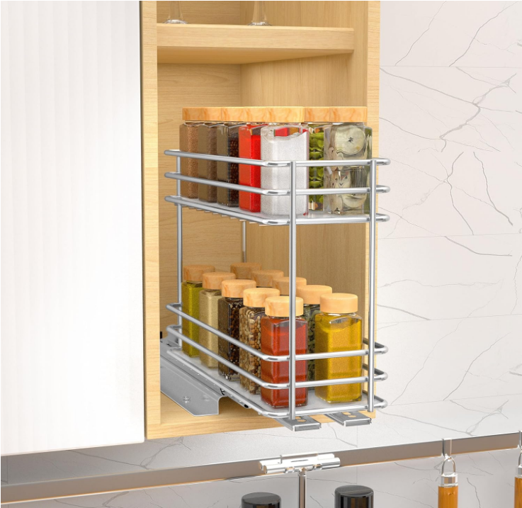 Pull Out Spice Rack 4.33”W x 10.24”D x 8.66”H, Heavy Duty Slide Out Spice Organization for Cabinet, Sliding Seasoning Organizer for Cabinet with Frosted Pad