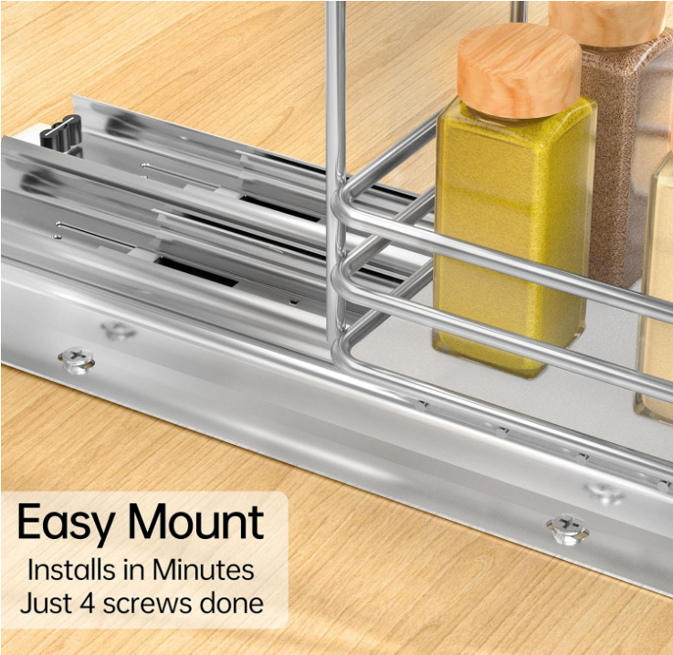 Pull Out Spice Rack 4.33”W x 10.24”D x 8.66”H, Heavy Duty Slide Out Spice Organization for Cabinet, Sliding Seasoning Organizer for Cabinet with Frosted Pad