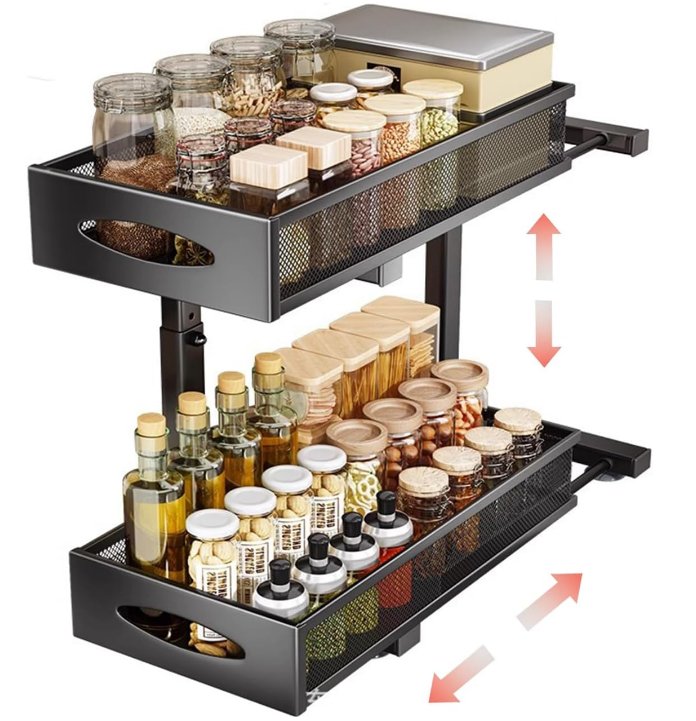 Under Sink Storage Rack, Multi-Functional Layered Pull-Out Storage Rack, Adjustable Seasoning Basket In The Cabinet
