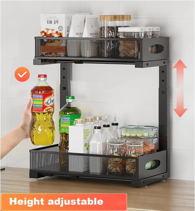 Under Sink Storage Rack, Multi-Functional Layered Pull-Out Storage Rack, Adjustable Seasoning Basket In The Cabinet