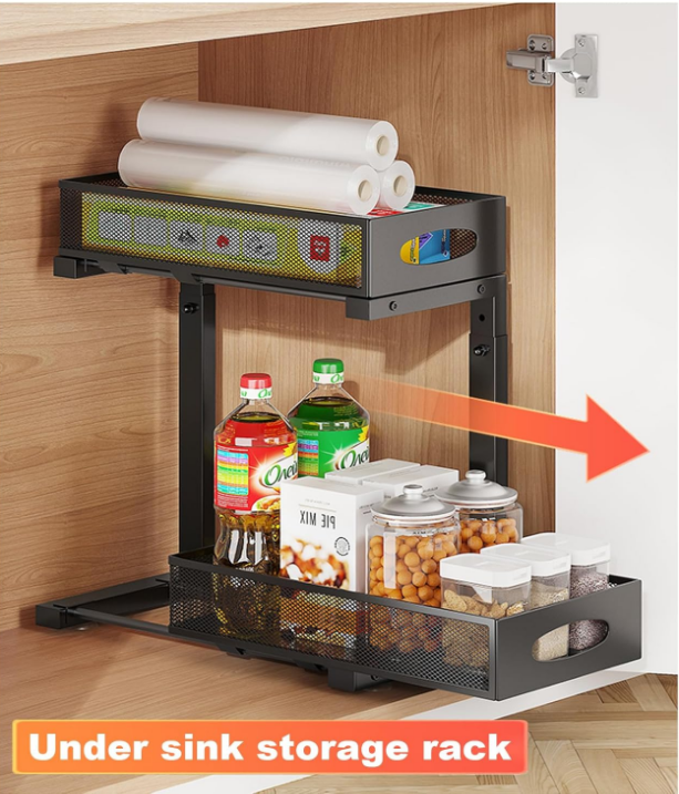 Under Sink Storage Rack, Multi-Functional Layered Pull-Out Storage Rack, Adjustable Seasoning Basket In The Cabinet