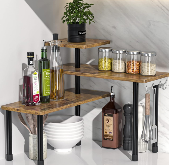 Countertop Organizer Organization, 3 Tier Moveable Corner Shelf for Kitchen , Bathroom , Spice Rack , Coffee Area, Over Sink, Dresser Table (Rustic Brown)
