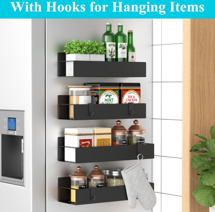 4 Pack Magnetic Spice Storage Rack Organizer for Refrigerator and Oven, Black Fridge Organizers and Storage