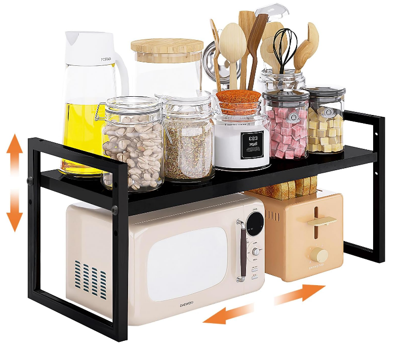 Expandable kitchen Countertop Organizer, Stackable Cabinet Shelf Organizers, Space Saving Spice Rack Pantry Storage for Bathroom Office Organization (Black, 1 Pack)