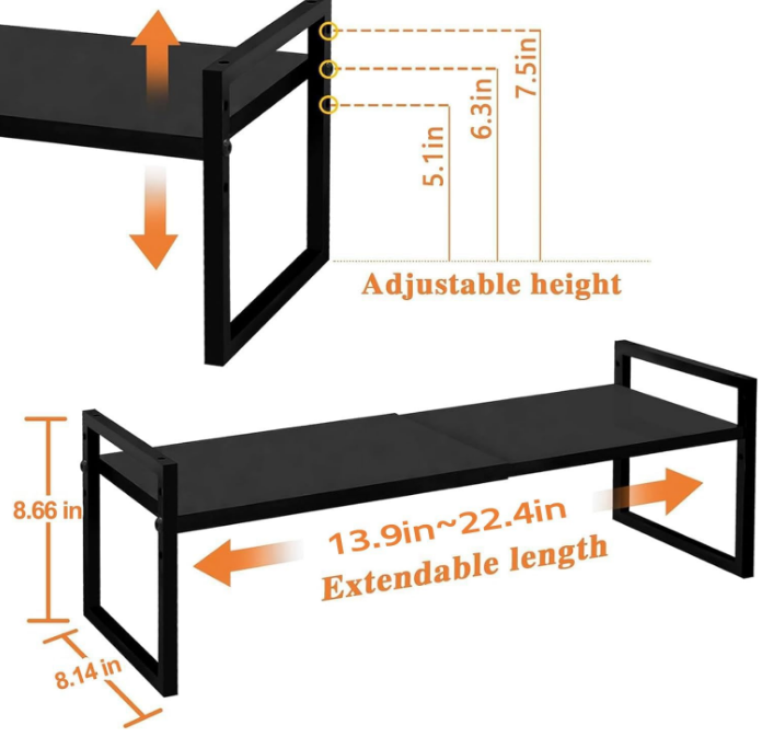 Expandable kitchen Countertop Organizer, Stackable Cabinet Shelf Organizers, Space Saving Spice Rack Pantry Storage for Bathroom Office Organization (Black, 1 Pack)