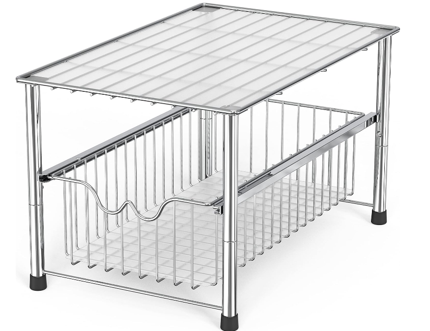 Stackable Under Sink Organizer with Sliding Basket, Chrome