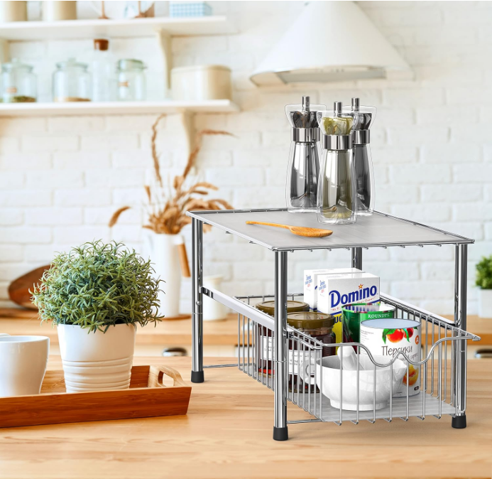 Stackable Under Sink Organizer with Sliding Basket, Chrome