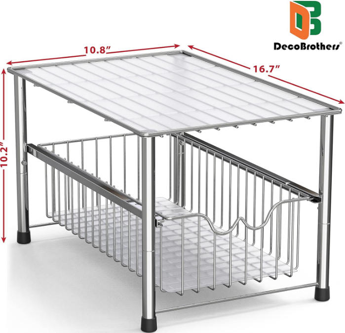 Stackable Under Sink Organizer with Sliding Basket, Chrome