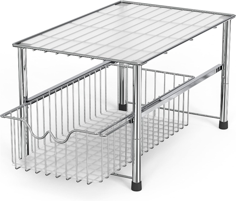 Stackable Under Sink Organizer with Sliding Basket, Chrome