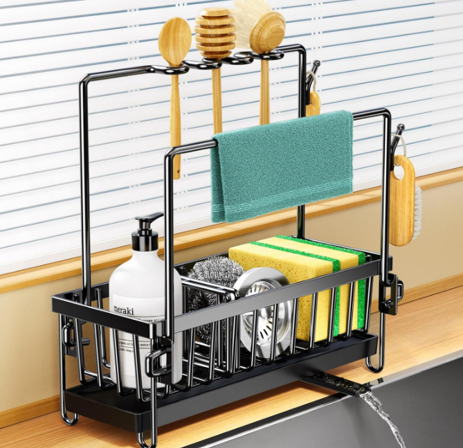 Kitchen Sink Caddy, Rustproof 304 Stainless Steel Sponge Holder for Kitchen Sink with Removable Drain Tray, Towel Holder and Brush Drainer Rack, Kitchen Organiser for Sink Tidy, Black