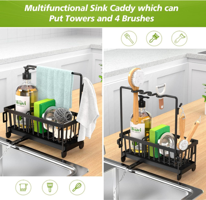 Kitchen Sink Caddy, Rustproof 304 Stainless Steel Sponge Holder for Kitchen Sink with Removable Drain Tray, Towel Holder and Brush Drainer Rack, Kitchen Organiser for Sink Tidy, Black