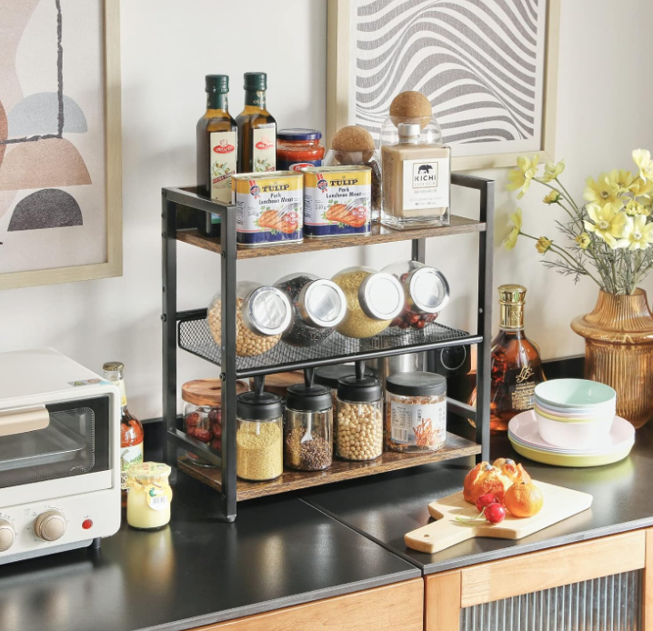 3-Tier Spice Rack Industrial Counter Shelf Desktop Storage Organizer Standing Seasoning Rack for Countertop Kitchen Office Living Room Desktop Rustic Brown