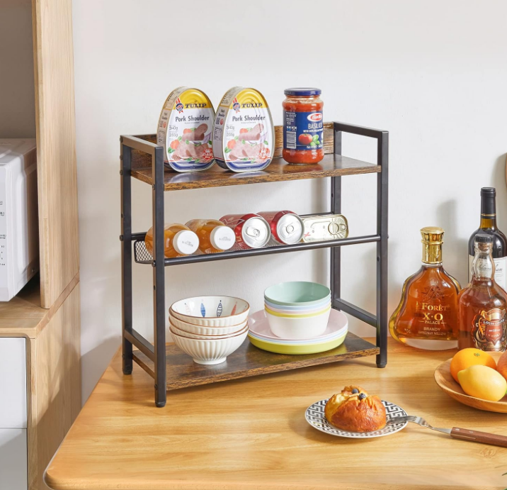 3-Tier Spice Rack Industrial Counter Shelf Desktop Storage Organizer Standing Seasoning Rack for Countertop Kitchen Office Living Room Desktop Rustic Brown