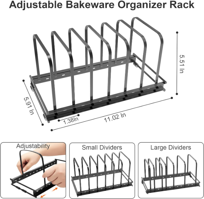 Board Organizer, 2Pcs Metal Bakeware Organizer Rack Holder Adjustable 7 Slots kitchen Cabinet Storage Rack for Cookie Cooking Sheet, Pan, Pot, Lids, Molds Cookware, 11.02x 5.91x5.51