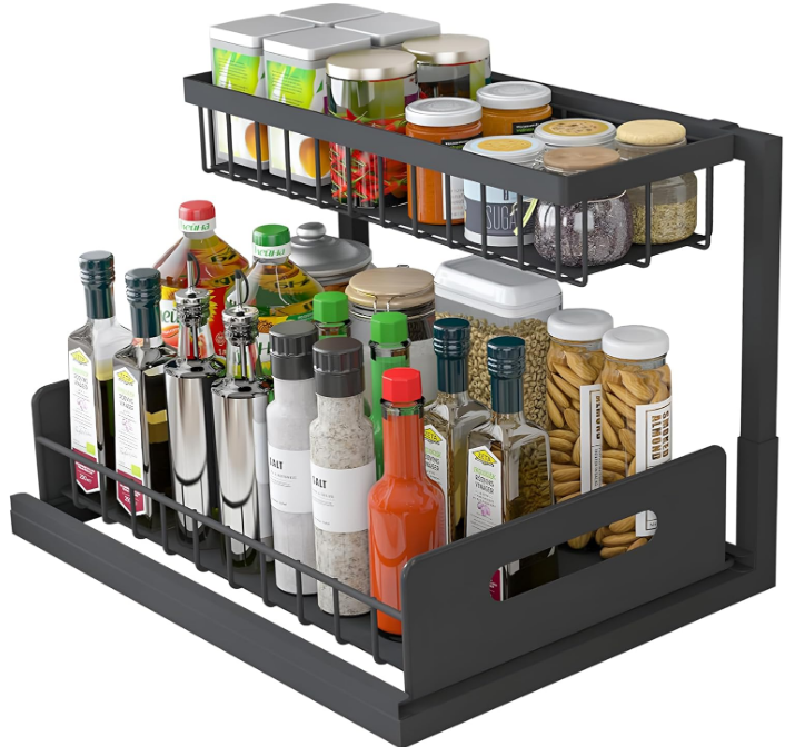 2 Tier Kitchen Bathroom Organizer with Sliding Basket, Spice Rack Organizer for Cabinet，Narrow Space Multi-Purpose Under Sink Organizers and Storage