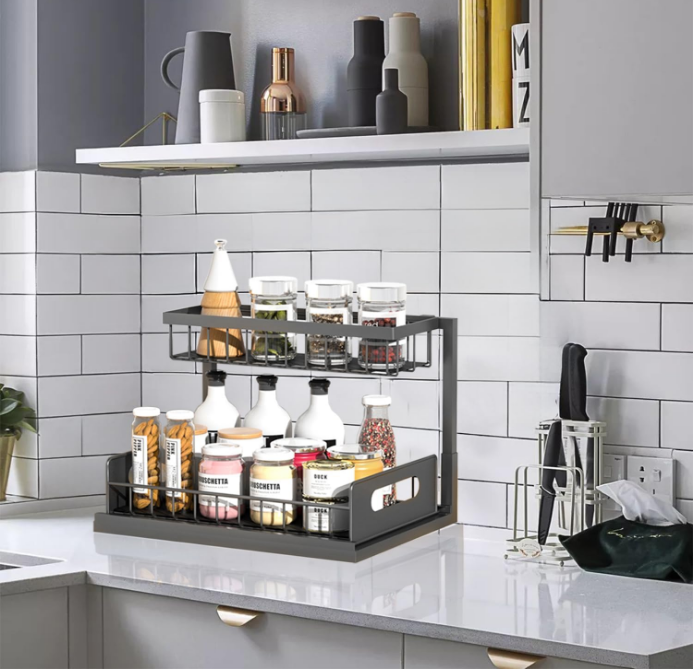 2 Tier Kitchen Bathroom Organizer with Sliding Basket, Spice Rack Organizer for Cabinet，Narrow Space Multi-Purpose Under Sink Organizers and Storage