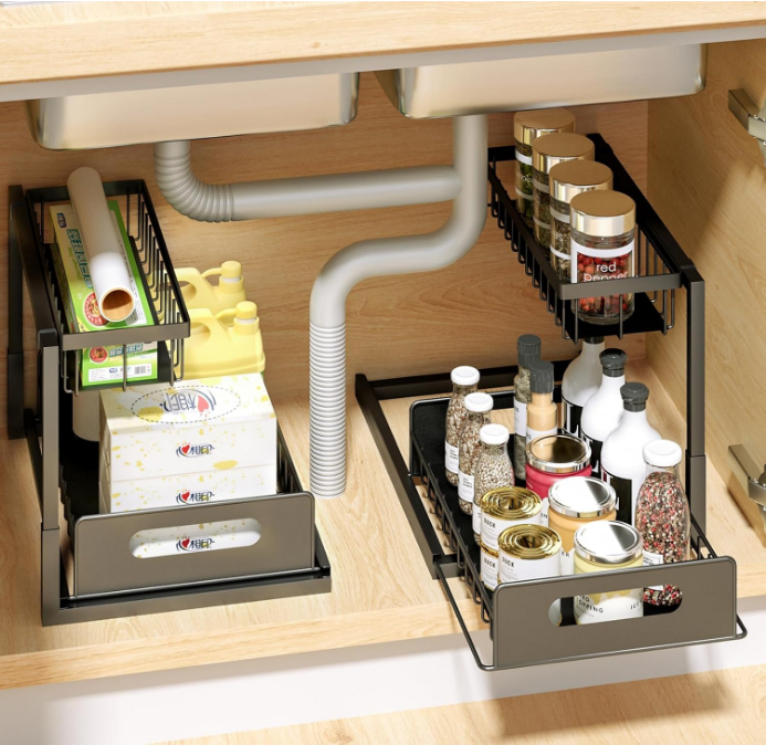 2 Tier Kitchen Bathroom Organizer with Sliding Basket, Spice Rack Organizer for Cabinet，Narrow Space Multi-Purpose Under Sink Organizers and Storage